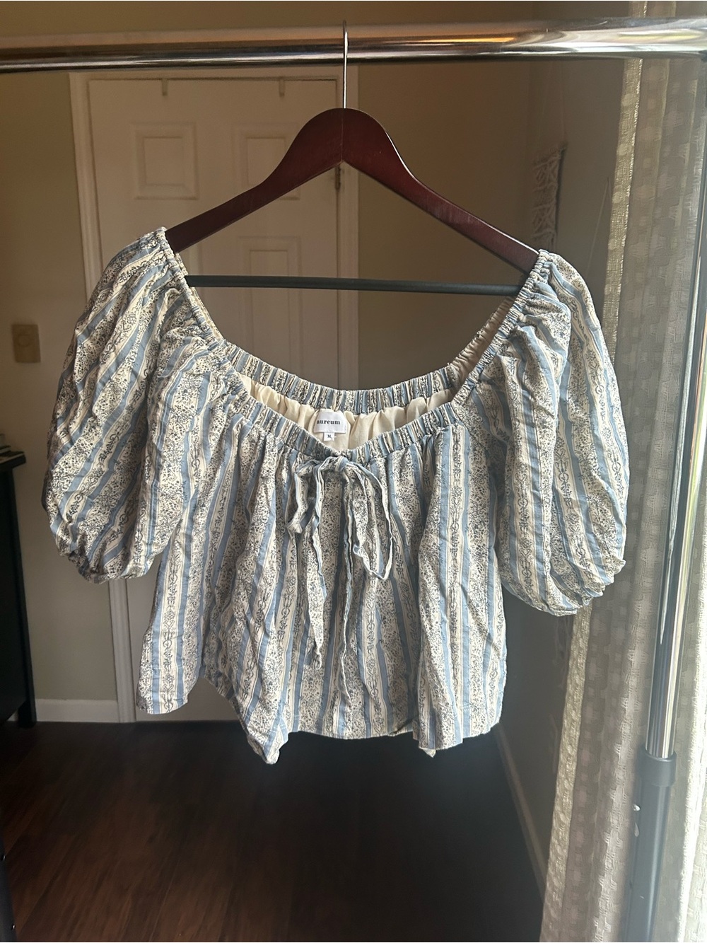 AUREUM Blue and Cream Striped Cotton Peasant Blouse
